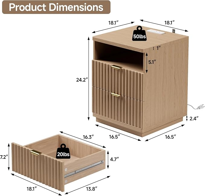 Nightstand with Charging Station, Night Stand with Open Shelf and 2 Drawers for Bedroom, Side Table Bedside Table with USB Ports & Outlets, Small Nightstand End Table (Oak Natural) - Image 2