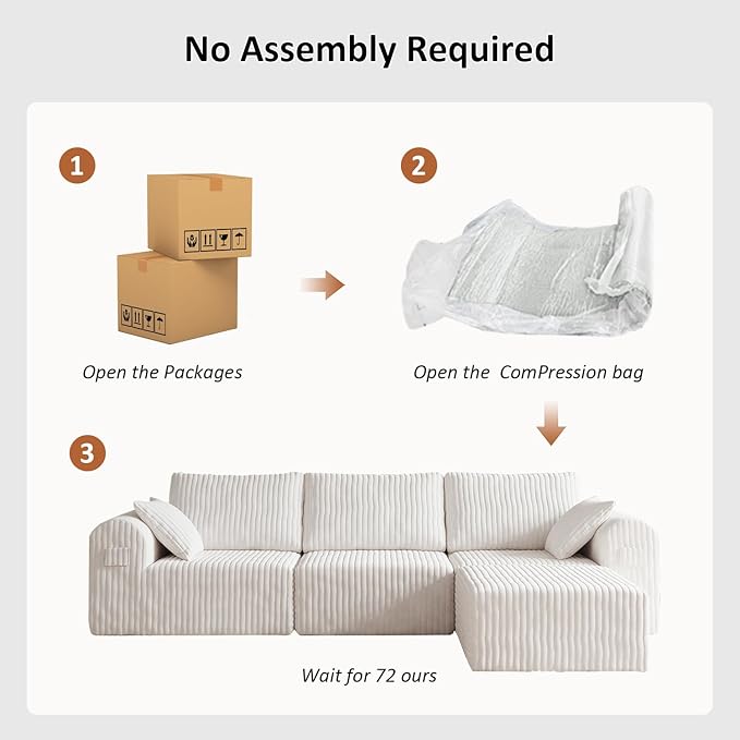 106" Boneless Couches for Living Room, Modular Sectional Sofa, L-Shape Sofa Couches,Cloud Couch Sectional, Comfy Corduroy Sofa, with Deep Seat, No Assembly Required (Beige, 3 Seater + 1 Ottoman)