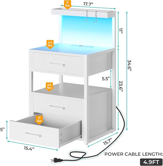 VIAGDO Led Nightstand with Charging Station, 3 Drawers Night Stands with Led Lights, White Bedside Tables with Storage Shelves, Modern End Side Tables for Bedroom, Office - Image 2