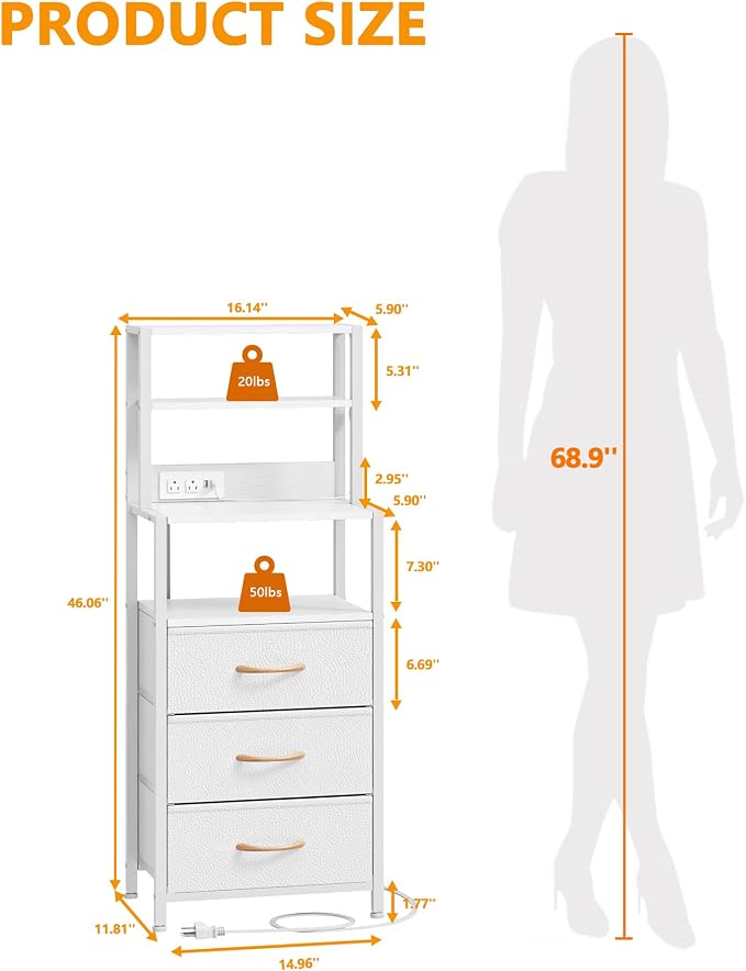 Furnulem Night Stand, White Bedside Nightstand with 4-Tier Shelves and 3 Fabric Drawers, LED Bed Side Tables with Charging Station, Tall Dresser for Bedroom, Hallway, Office - Image 2