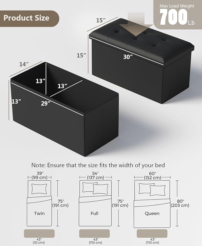 OS MOTOR Folding Storage Ottoman Bench, Multi-Functional Ottoman Foot Rest, End of Bed Bench, Storage Chest for Living Room, Bedroom, Hallway, Entryway, Holds Up to 600 lbs (Black, 30 Inches) - Image 3