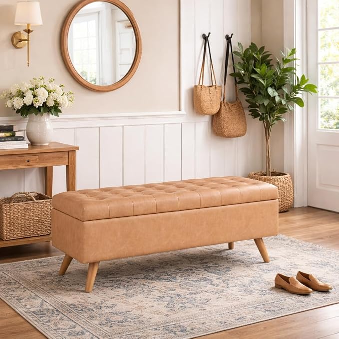 HomePop Modern Tufted Storage Bench - Sand Faux Leather - Image 4