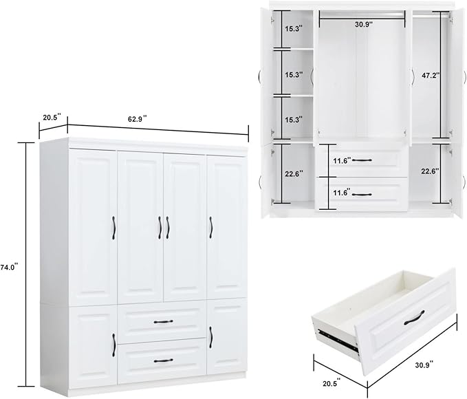 4 Doors Classic White Large Freestanding Wardrobe Armoire Wooden Closet Cabinet with Hanging Rod & Shelves Bedroom Clothes Storage Bathroom Wood Organizer(20.5" D x 63" W x 71.0" H)