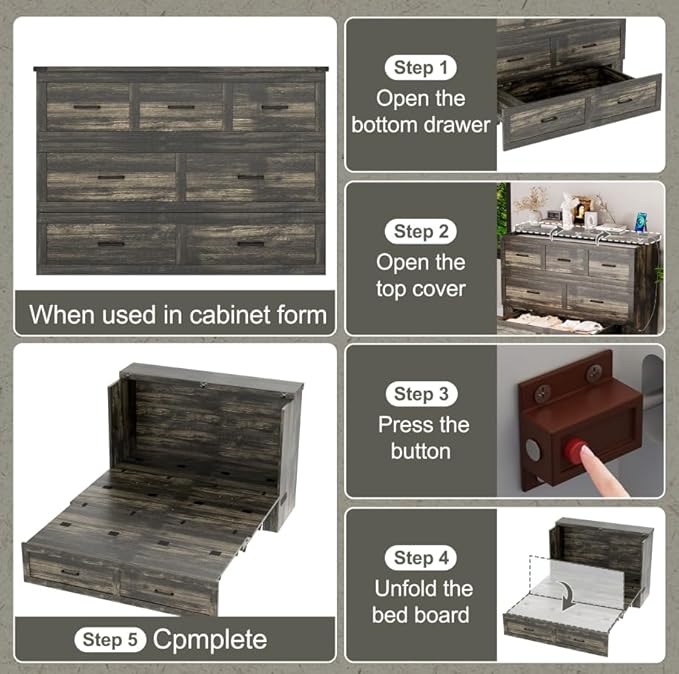 Bellemave Queen Murphy Bed, Cabinet Bed with Charging Station and 1 Large Storage Drawer, Farmhouse Murphy Cabinet with Foldable Panel, Noisy Free, for Guest Bedroom, Living Room, Rustic Gray
