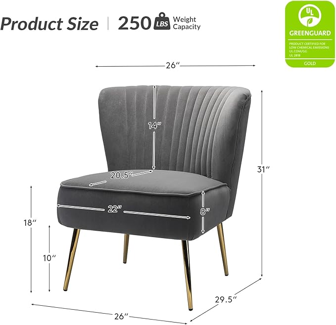 HULALA Home Velvet Accent Chair Set of 2, Modern Armless Upholstered Side Chair with Glam Gold Metal Legs for Vanity Living Room Bedroom - Grey