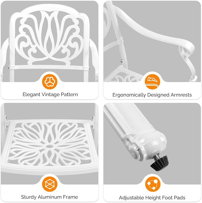 VINGLI Patio Chairs Set of 2 - Stackable Outdoor Cast Aluminum Dining Chairs with Vintage White Finish and Floral Pattern, Metal Armchairs for Poolside, Backyard, Balcony (with Cushion) - Image 6