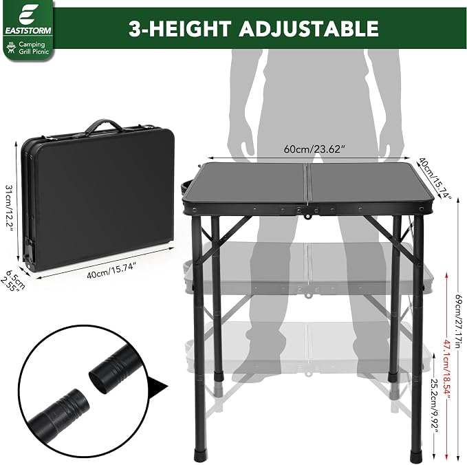 E EASTSTORM Small Metal Folding Table 3 Adjustable Heights, 23.6''×15.7''×27'' Heavy-Duty Portable Picnic Table for Outdoor Camping, Garden, Patio, Grill, BBQ, Party, 2Ft (Small, Black) - Image 3
