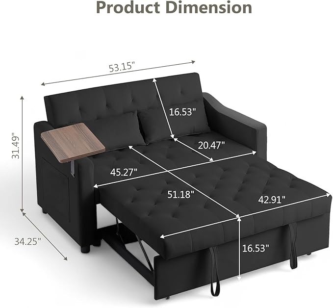 3-in-1 Convertible Loveseat Sleeper Sofa Bed with Adjustable Backrest (3 Positions) and 360° Swivel Side Table, Pull-Out Couch for Small Apartments & Guest Rooms, Jet Black