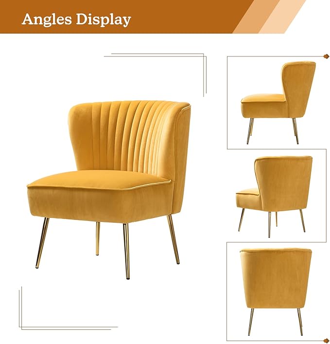 HULALA HOME Velvet Accent Chair, Modern Upholstered Cute Side Chair with Gold Metal Legs, Armless Wingback Slipper Chair Comfy Living Room Chair for Bedroom Guest Room Vanity, Mustard