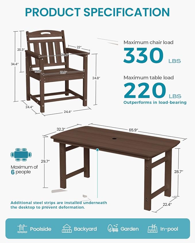 Ciokea HDPE Outdoor Patio Dining Chairs Set of 2, All-Weather Porch Chair with Wide Seat, Durable Outdoor Furniture for Backyard, Garden, Lawn & Poolside, Brown - Image 2