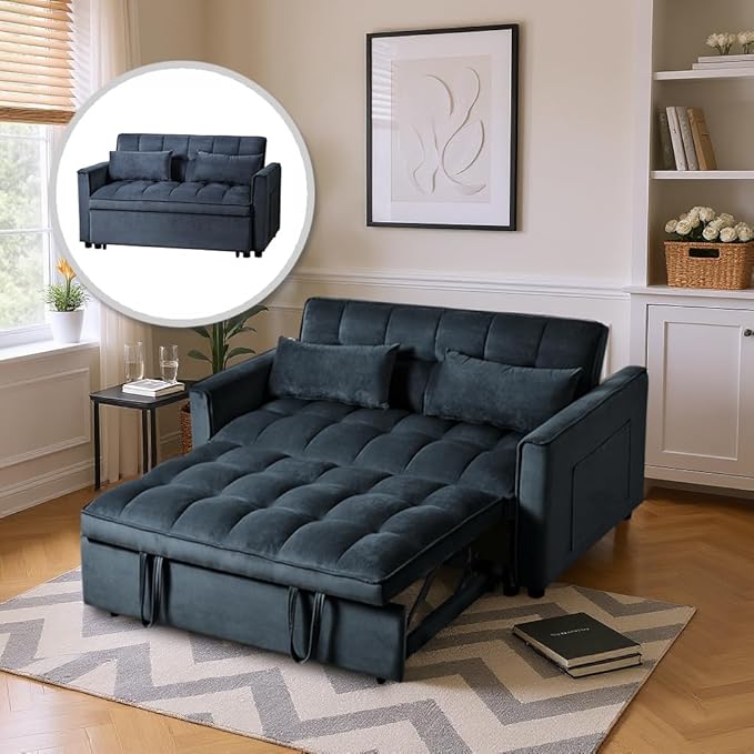 3 in 1 Convertible Sleeper Sofa Bed, Pull Out Couch Loveseat Futon, Adjustable Backrest Velvet Sofa with Pillows and Side Pockets for Living Room Apartment, Modern Black