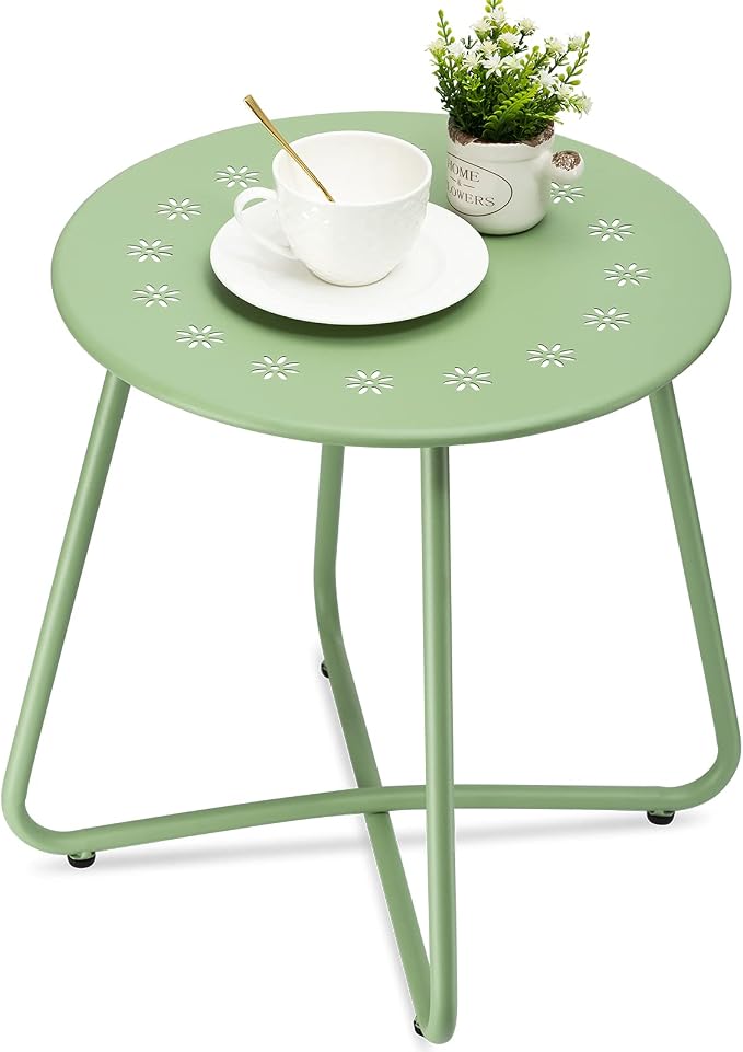 danpinera Outdoor Side Tables with Flower Cut Outs, Weather Resistant Steel Patio Side Table, Small Round Outdoor End Table Metal Side Table for Patio Yard Balcony Garden Green by danpinera