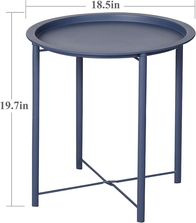 VECELO Side/End Table, Folding Round Metal Anti-Rust and Waterproof Outdoor or Indoor Tray for Living Room Bedroom Balcony and Office, 2 PCS, Blue - Image 3