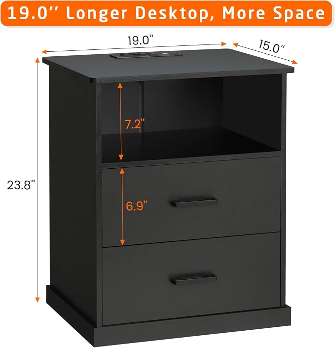 Hasuit Night Stand with Charging Station, Large Nightstand with Storage Drawers and Open Cubby, Black Bedside Side End Table for Home Office, Wider Tabletop 19.0'' x 15.0'' - Image 3