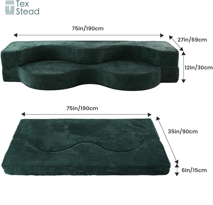 75" Folding Sofa Bed Convertible Futon, Twin Size Sleeper Couch, Washable Velvet Corduroy Cover & High-Density Foam, 2-in-1 Floor Mattress, No Assembly for Living Room/Dorm Green