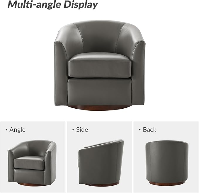 HULALA HOME Genuine Leather Swivel Accent Chair with Solid Wood Base, Round Swivel Barrel Chair for Living Room and Bedroom, No Assembly Required, Grey