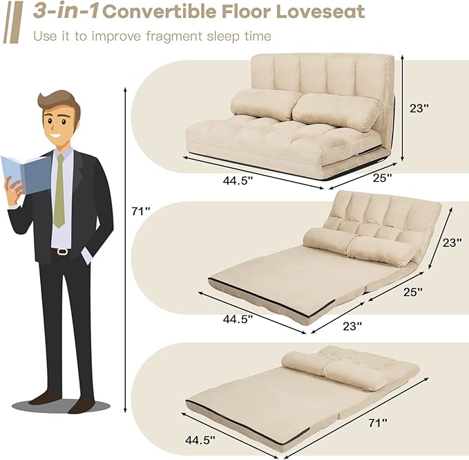 KOMFOTT Adjustable Floor Sofa Bed, Foldable Lazy Sofa Sleeper with 6 Position Backrest & 2 Pillows, Convertible Futon Couch with Suede Cloth Cover, Lounge Recliner for Living Room