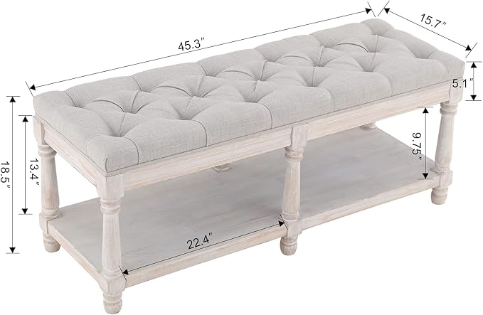 Mid Century Tufted Storage Bench with Shelf, Linen Upholstered Farmhouse Entryway Shoe Bench Ottoman Bed End Stool with Padded Seat, Rustic Bench for Bedroom Living Room Dining Room, Beige - Image 7