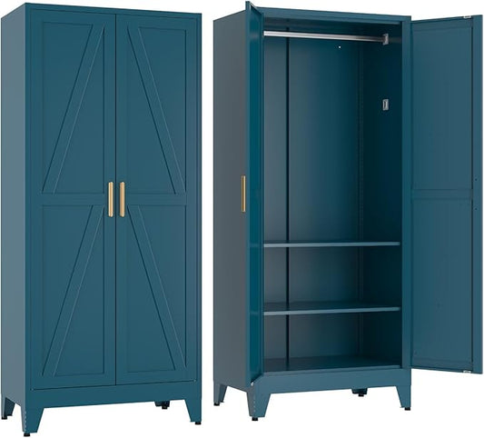 COFaR 71'' Metal Armoire Wardrobe Closet, Steel Wardrobe Cabinet with Adjustable Hanging Rod and Shelves, 2 Doors Farmhouse Closet Storage for Bedroom Garage Office, Peacock Blue