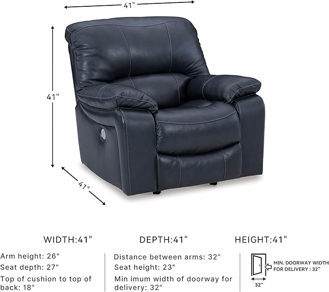 Signature Design By Ashley Leesworth Modern Power Rocker Recliner, USB Port, Gentle Rocking, Top Grain Leather and Matched Leather, 41" W x 41" D x 41" H, Blue