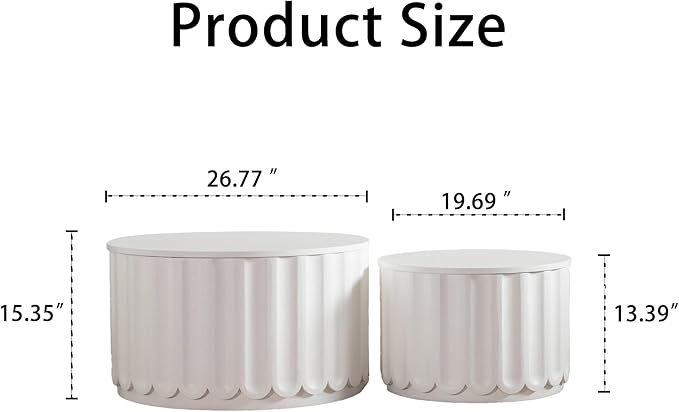 kevinplus 46.46'' White Round Coffee Table Set of 2 with Storage Space & Lift-Off Lid, Modern Circle Fluted Drum Nesting Coffee Table for Living Room, No Assembly, White