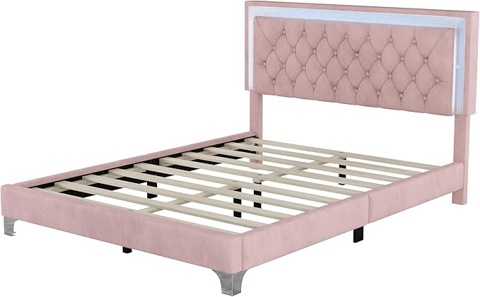 3-Pieces Bedroom Sets, Harper & Bright Designs Queen Size LED Velvet Platform Bed Frame with LED Lights & Tufted Headboard, Wood Slat Support, No Box Spring Needed, Easy Assembly (Pink)