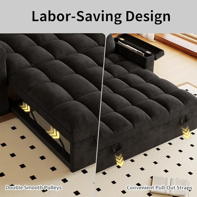 Convertible Sofa Bed, 5-in-1 Pull Out Couch with Side Table, Loveseat Sleeper Sofas Bed Couch with USB Port, 65‘’ Velvet Pull Out Sofa Beds for Living Room, Bedroom, Apartment
