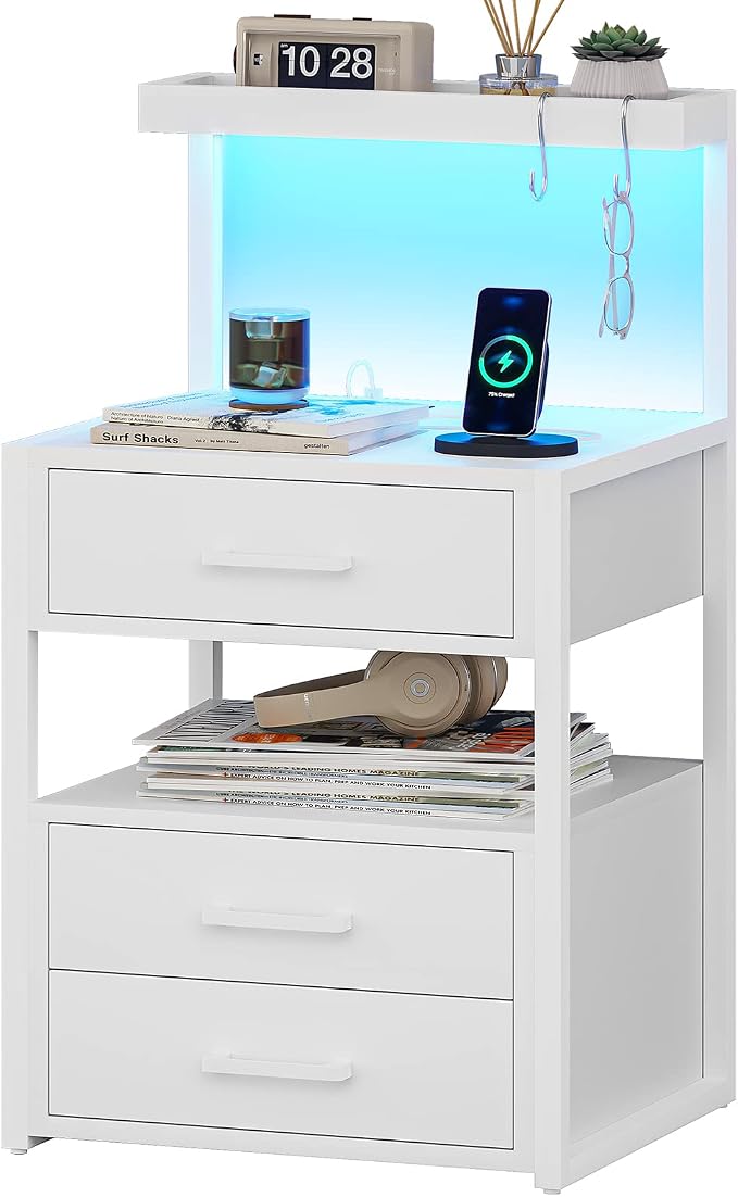 Nightstand with Charging Station and LED Lights, LED Night Stand with 2 USB Ports and 2 AC Outlets, Modern End Table with 3 Drawers, Bedside Table with Open Storage for Bedroom, White - Image 9