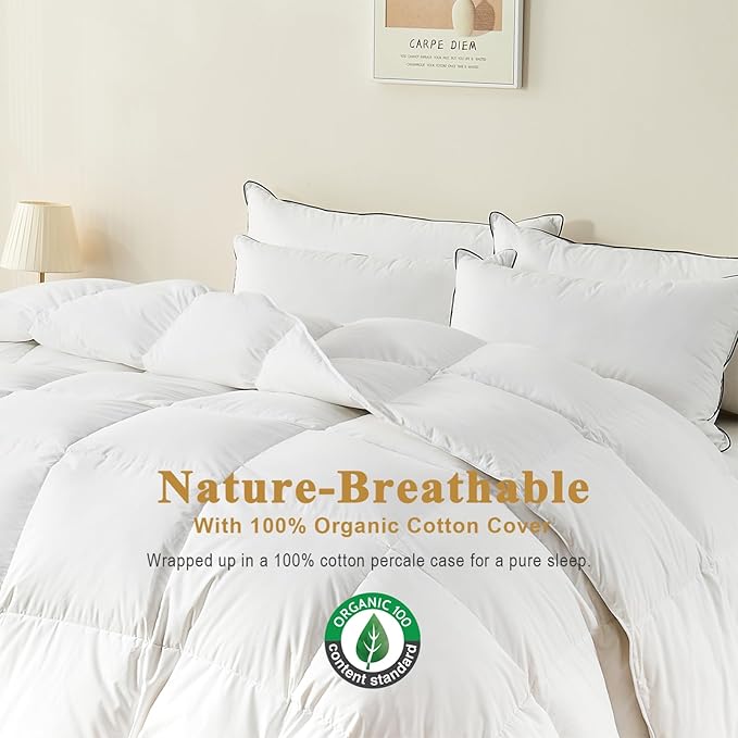 TOPGREEN Organic Feather Down Comforter Full Size, Luxury Extra-Fluffy Duvet Insert, All Season Bed Comforter with Ultra-Soft Organic Cotton Case (82x86 Inch, Ivory White)