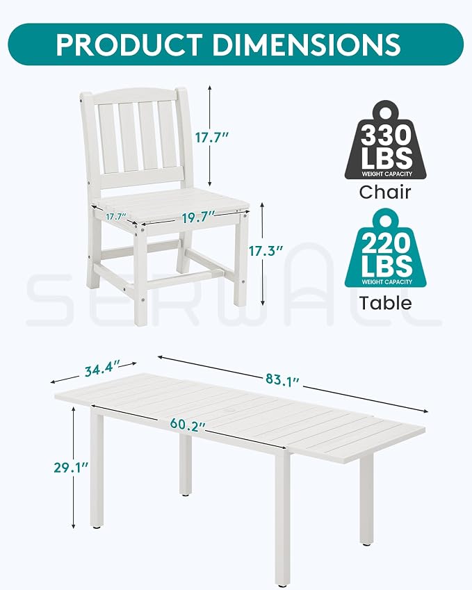 SERWALL 9-Piece Outdoor Dining Set, 60" - 83" Expandable Outdoor Dining Table and 8 HDPE Chairs, All Weather HDPE Outdoor Furniture Set for Backyard, Garden, White - Image 4
