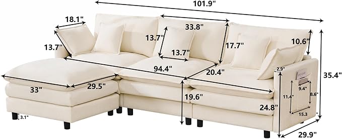 102" Modular Sectional Sofa, Premium Chenille Cloud Couch with Reversible Ottoman, L-Shaped Oversized Sofa with Side Storage Pockets for Multi-Scene Living Room & Home Office