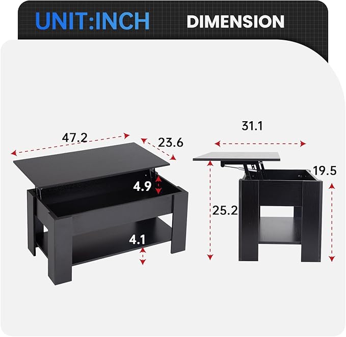 PayLessHere Coffee Table Lift Top Coffee Tables with Hidden Compartment and Storage Shelf Wooden Lift Tabletop Dining Table for Living Room Home (Black, 47" D x 31" W x 25" H)