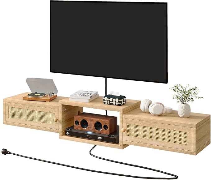 IBUYKE Modern Rattan Floating TV Stand with Doors,Wall Mounted TV Shelf for TVs up to 55 Inches,Media Console Entertainment Center for Under TV Storage Cabinet for Living Room Bedroom,Natural UWST012N by IBUYKE