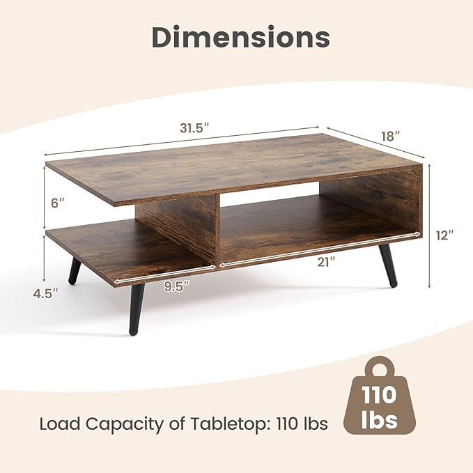 GOFLAME Wood Coffee Table, 2-Tier Mid Century Modern Center Table with 2 Open Storage Compartments & Metal Legs, Rectangular Accent Tea Tables for Living Room, Home Office, Apartment, Rustic Brown