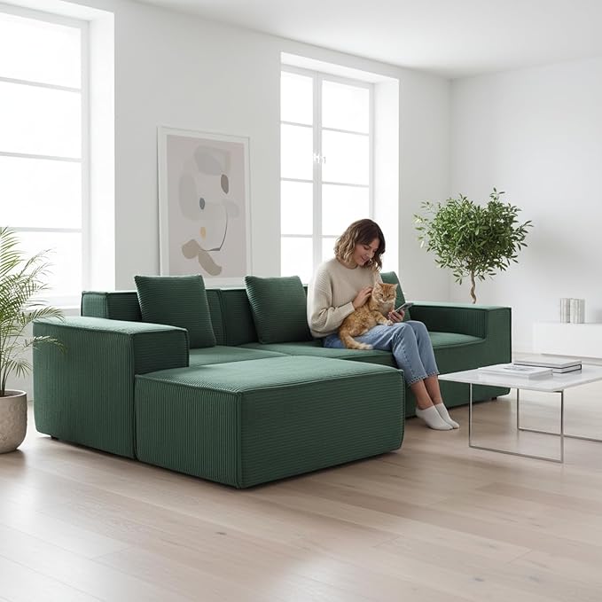 Rowan Convertible Corduroy Sectional Couch with Ottoman & Pillows, Modular L Shaped Sleeper Sofa, Boneless Cloud Couch for Living Room Furniture, Dark Green