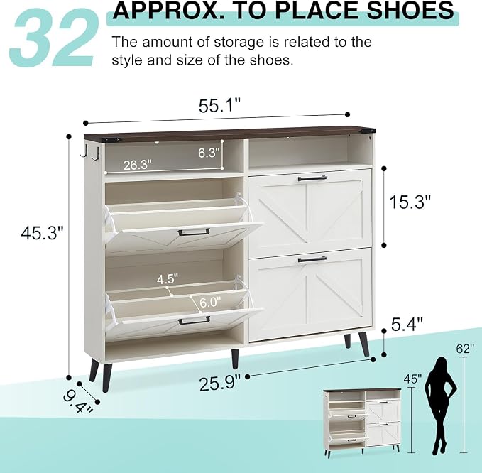 Barnyatoh Shoe Storage Cabinet,Farmhouse Shoe Organizer with 4 Flip Drawers & Barn Door Design,Freestanding Hidden Slim Narrow Shoe Rack with Open Shelves for Entryway,Foyer,Hallway,Antique White - Image 2