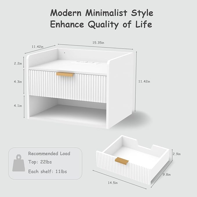 Arbuxzuy Floating Nightstand Set of 2 with Charging Station, Modern Wall Mounted Bedside Table with Drawer & Open Shelf, Minimalist Wooden Night Stand for Bedroom (White) - Image 2