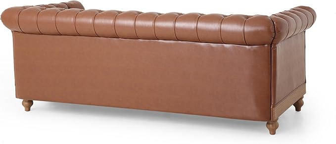 Merax 3 Seat PU Chesterfield Sofa, Retro Style Upholstered Leather Couch Rolled Arm for Living Room Bedroom Office, Light Brown