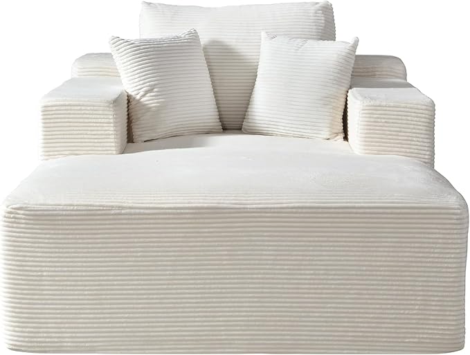 Monroe Convertible Chaise Lounge Chair Indoor – Oversized Corduroy Couch with Wide Armrest & Throw Pillows, Cozy Boneless Sleeper Sofa Bed Armchair, Beige