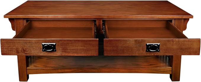 Leick Home Mission Impeccable Coffee Table, Solid Wood with 2 Drawers & Shelf, Medium Oak Finish, Blackened Hardware, Slatted Sides, Easy Assembly, 48 in W x 24 in D x 19 in H, 8204
