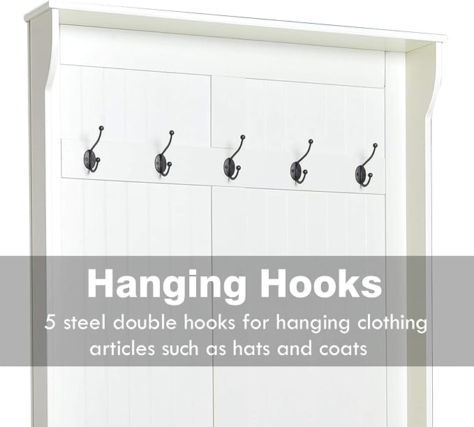 HOMCOM Hall Tree with Bench and Shoe Storage, 3-in-1 Entryway Bench with Coat Rack, 5 Hooks and Flip Top Storage Compartment, Cream White - Image 6