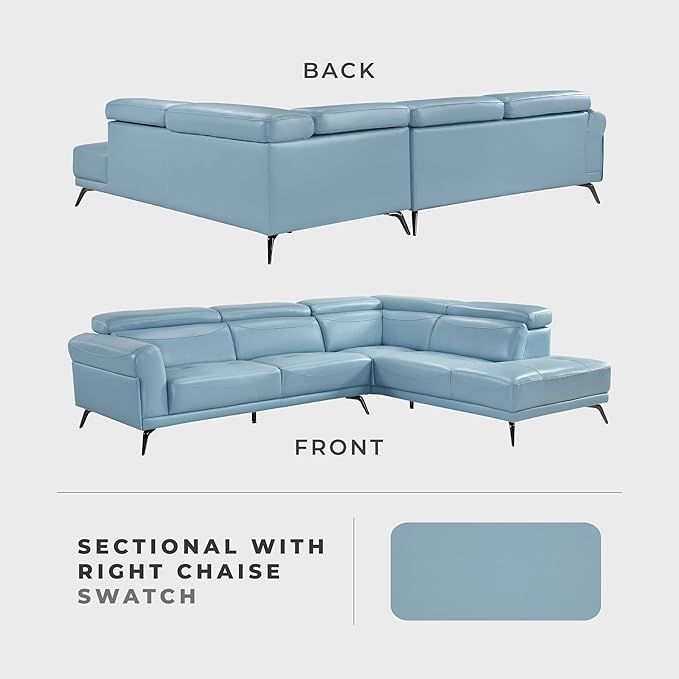 Lexicon L-Shaped Sectional Couch with Right Chaise, Top Grain Leather Match Sectional Sofa, Adjustable Headrests, Black Chrome Metal Legs, High-Density Cushions, Stitching, for Living Room, Blue