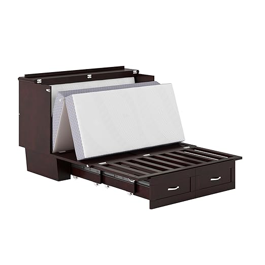 AFI, Chelsea Mid-Century Modern Full Wood Murphy Bed Chest with 6" Mattress, Storage Drawer & Built-in USB Charger, Espresso