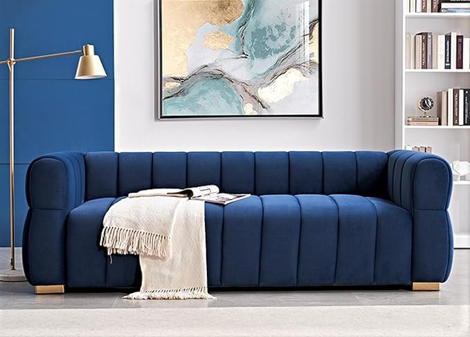 Art Deco Velvet Sofa with Tufted Low Back Design, Sophisticated 3 Seater Couch for Living Rooms, 89 Inch Wide, Easy Assembly, Blue