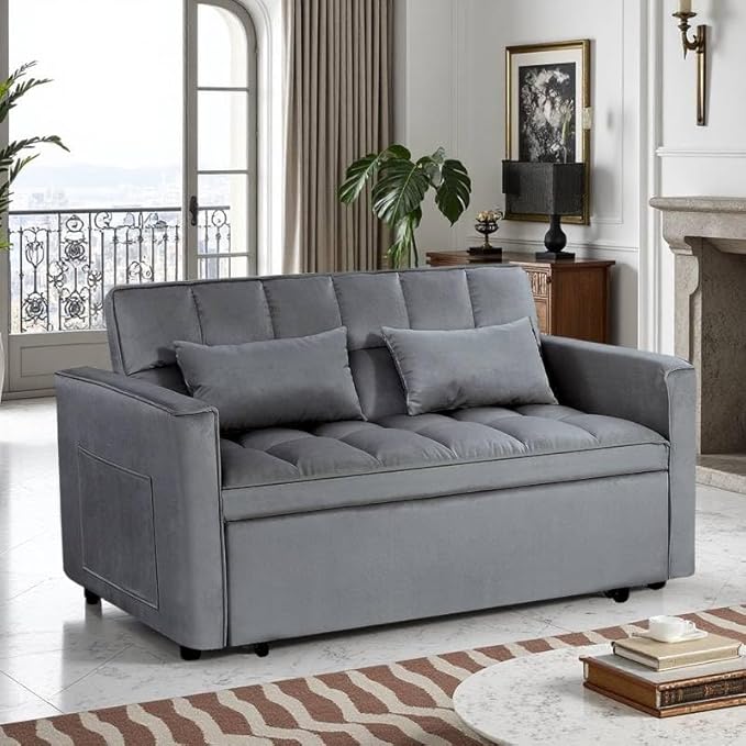 3 in 1 Pull Out Sofa Bed, 54" Sleeper Sofa Bed with 3-Level Adjustable Backrest, Velvet Fabric Loveseat Sleeper Couch for Living Room & Bedroom & Apartment & Dorm Furniture, Dark Grey