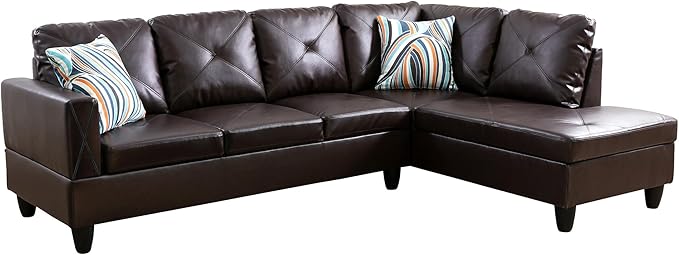 Leather L-Shape Sectional Sofa Set, 3 Piece Microfiber Couch with Storage Ottoman & Right Chaise Lounge, 97" Button Tufted Upholstered Corner Couch for Home, Living Room, Apartment, Brown