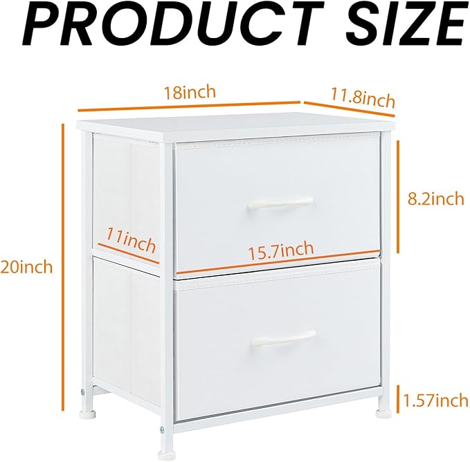 Simple Deluxe Nightstand 2 Drawers Dresser for Bedroom, 3-Tier Bedside Table with Fabric Bins, End Table for Living Room, Wood top Load-Bearing up to 44 lb, White