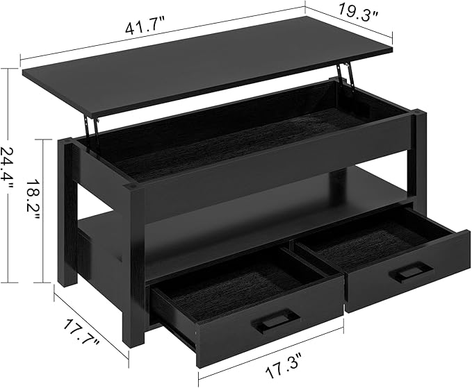 FABATO 41.7'' Lift Top Coffee Table with 2 Storage Drawer Hidden Compartment Open Storage Shelf for Living Room Folding Wood End Table, Black