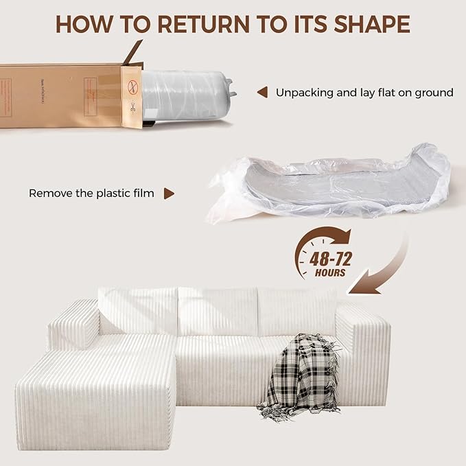 106" Boneless Couches for Living Room, Modular Sectional Sofa, L-Shape Sofa Couches,Cloud Couch Sectional, Comfy Corduroy Sofa, with Deep Seat, No Assembly Required (White, 108"+Left Facing Chaise)