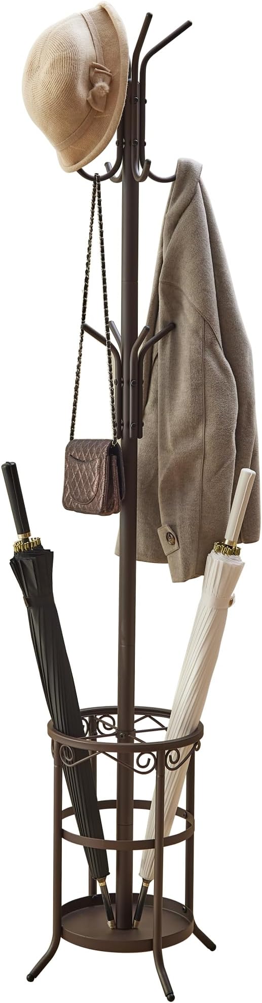GHWIE Coat Rack Freestanding, Coat Tree with Umbrella Holder, Metal Coat Rack Stand with 12 Hooks, Standing Coat Hanger Stand, Umbrella Stand for Entryway, Hat Rack Stand for Home Office, Brown by GHWIE
